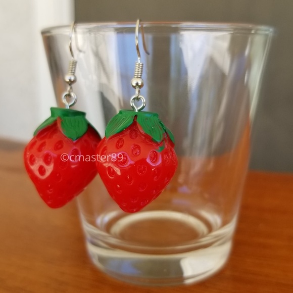 2 for $8 3D Strawberry Statement Hook Earrings - Picture 3 of 5